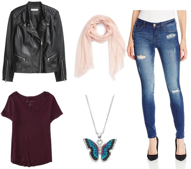 Outfit idea: Beyonce meets Katy Perry with a leather jacket, burgundy tee, ripped skinnies, and a pink scarf