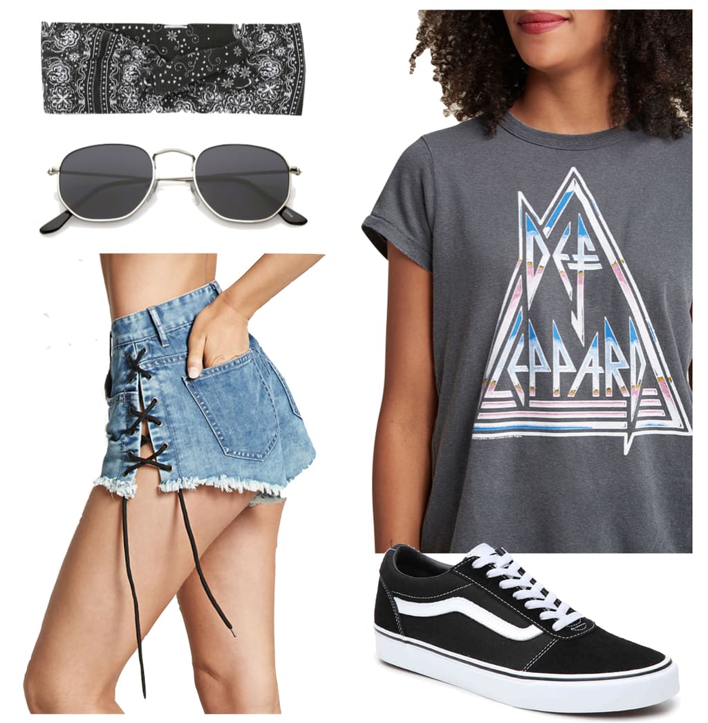 Beyonce Outfit: gray band t-shirt, denim lace-up side shorts, metal hexagon sunglasses, patterned head scarf, black Vans low-top sneakers