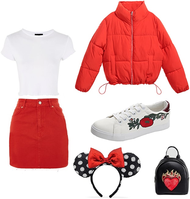 Billie Lourd at Disneyland outfit: Red denim skirt paired with a white t-shirt and red puffer jacket. Accessories include white sneakers, black backpack and Minnie Mouse ears.