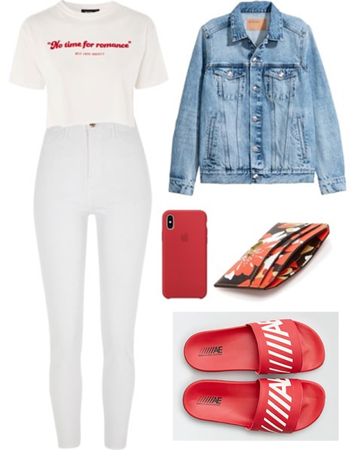 Billie Lourd white jeans outfit at Bed Bath and Beyond: White jeans paired with a white t-shirt and denim jacket. Accessories include slide sandals, a red phone case and a cardholder wallet.