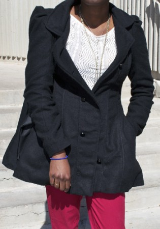 College street fashion at University of Nevada Las Vegas - Pea coat and patterned shirt