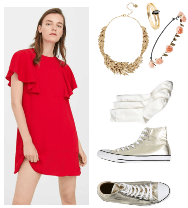 Fashion Inspired by Music Videos: "Wings," by Birdy--Outfit #1 featuring short red dress with ruffled sleeves, gold "feathers" statement necklace with small clear crystal accents, gold ring with cutouts in the front and black marquis-cut stone, pale pink rose flower crown, off-white crew socks, metallic gold Converse high-top sneakers
