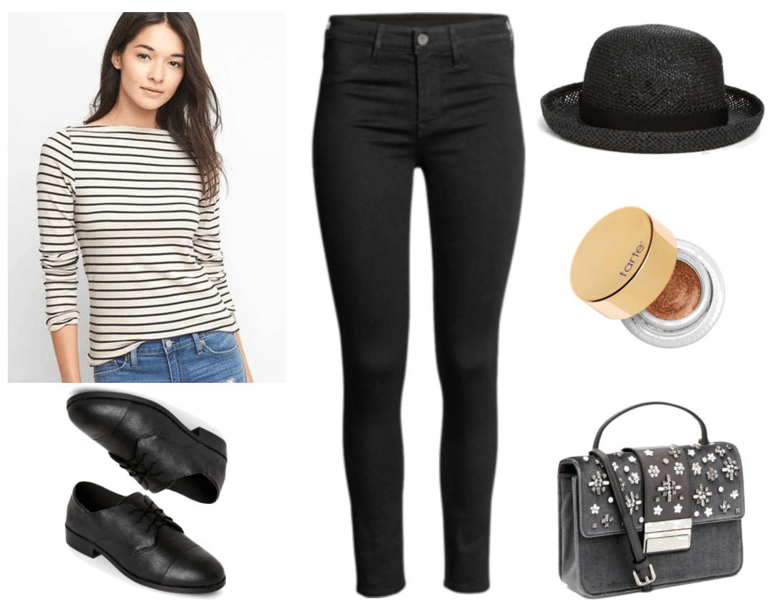 Fashion Inspired by Music Videos: "Wings," by Birdy--Outfit #2 featuring oatmeal-and-black striped long-sleeved t-shirt, black lace-up oxfords, black skinny jeans, black straw bowler hat with ribbon, tarte Clay Pot Waterproof Liner in "Spirit Animal," a metallic copper; gray embellished velvet satchel with silver hardware