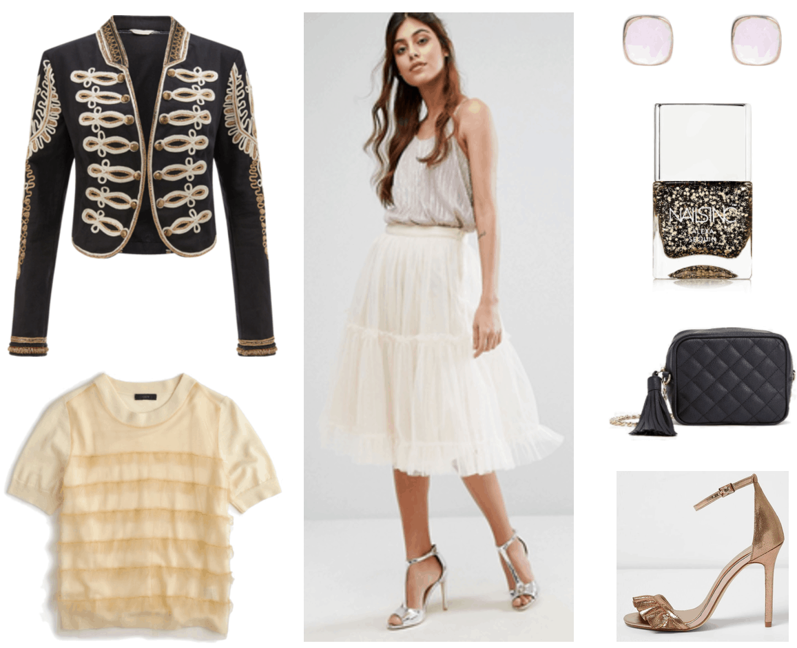 Fashion Inspired by Music Videos: "Wings," by Birdy--Outfit #3 featuring black military jacket with gold embroidery, pinkish-beige short-sleeved sweater with pinkish-beige tulle overlay, cream-colored tiered tulle skirt with frill hem, rounded-square rose quartz stud earrings set in rose gold, Nails Inc. nail polish in Alexa sequins, a mix of gold and black sparkles; black rectangular quilted cross-body chain-strap bag with tassel and gold hardware, metallic rose gold heeled sandals with ruffle and ankle strap