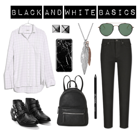 White button-down, stud earrings, studded boots, phone case, leather backpack, pendant necklace, black liner, black jeans, dark sunglasses