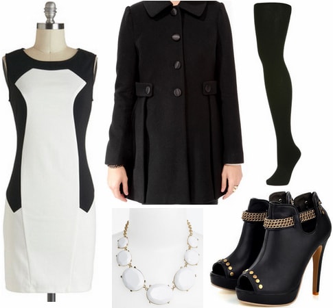 Black and neutral outfit under $100 - Black jeans, peplum top, neutral heels, earrings