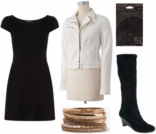 Black and white outfit under $100 - faux leather skirt, blouse, patterned coat, flats