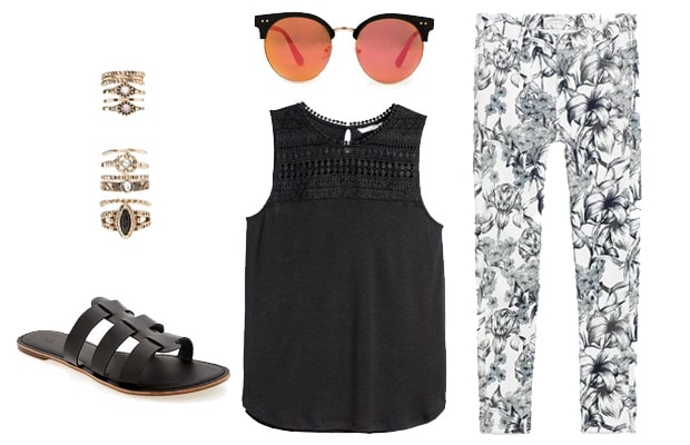 Black and white tropical print pants spring outfit