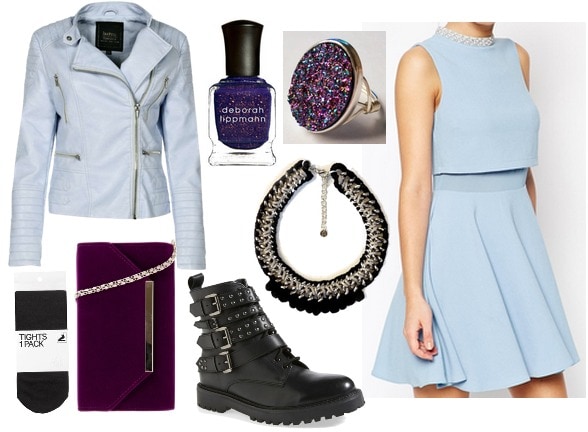 Baby blue dress with black and purple accessories