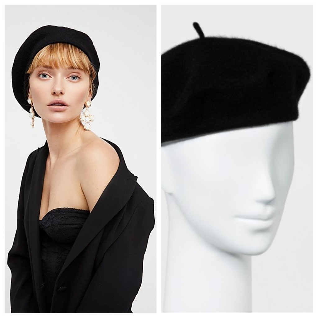 Black Beret: The left is from Free People and the right is from Target. The beret from Free People is featured on a model who is wearing earrings, a jacket, and a bustier. The beret from Target is featured on a mannequin head.