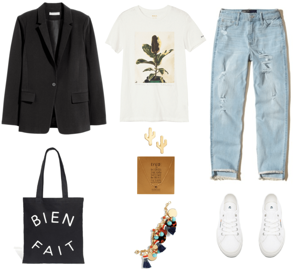 "Ask CF: How Do I Make a Black Blazer Look Less Formal?" Outfit #1 featuring black blazer, black tote with "Bien Fait" graphic, white t-shirt with plant graphic, gold cactus earrings, gold open pyramid necklace, gold bracelet with charms and navy blue tassels, step-hem light-wash destroyed boyfriend jeans with step hem, white sneakers