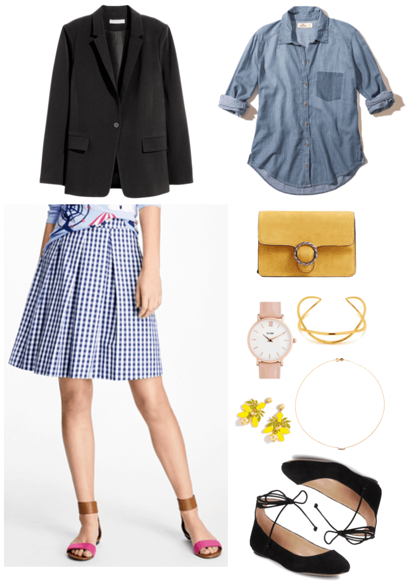 "Ask CF: How Do I Make a Black Blazer Look Less Formal?" Outfit #2 featuring black blazer, pleated blue-and-white gingham skirt, chambray shirt with shadow pocket, yellow bag with ring detail at closure, watch with pale pink band and rose gold hardware, gold cuff bracelet, lemon earrings, clear stone-encrusted gold bar necklace, black tie-up ballet flats