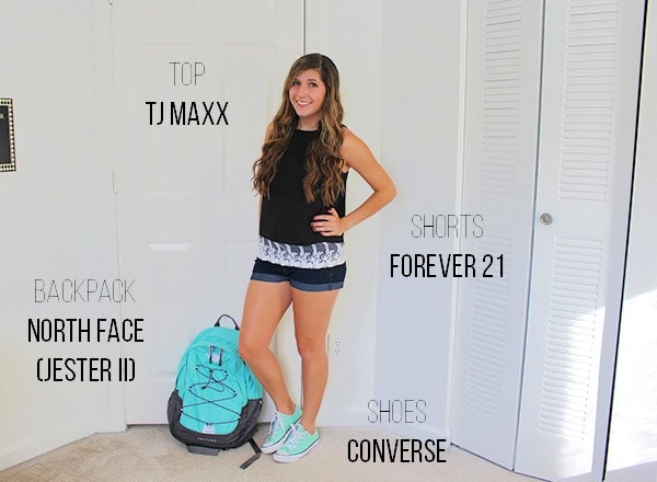 Black blouse denim shorts mint converse mint backpack