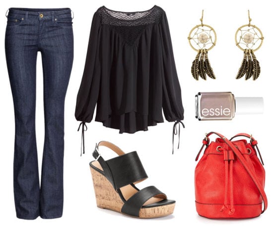 black peasant blouse, flare jeans, wedges