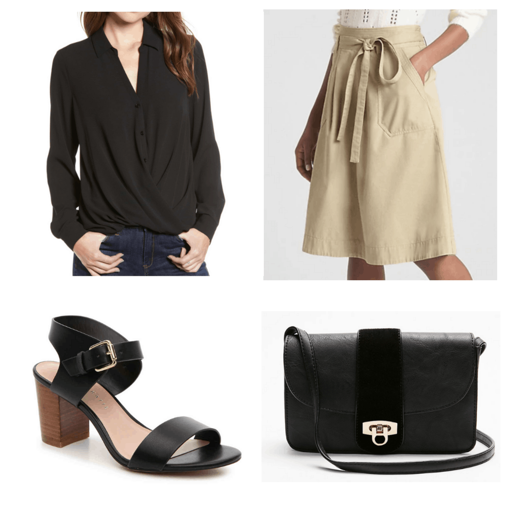 black button down blouse with belted khaki skirt, black block heels, and purse