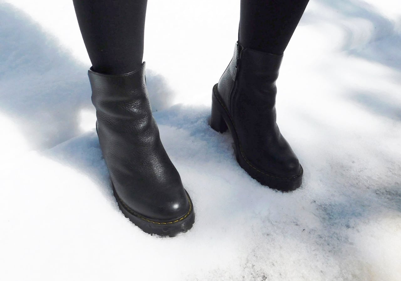 These black chunky-heeled rubber Doc Marten booties are perfect for snowy weather.