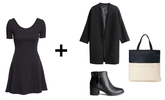 black dress, coat, ankle boots