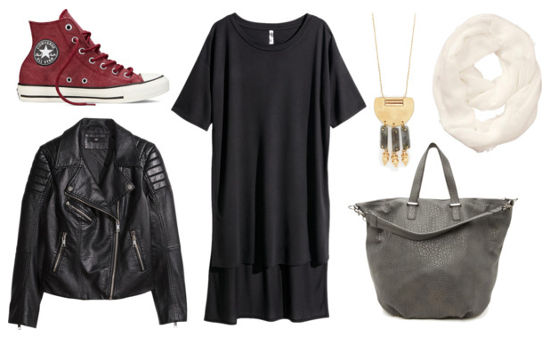 Black dress moto jacket red sneakers