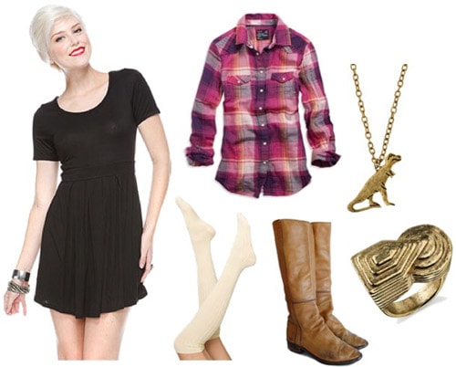 How to wear a little black dress with a plaid shirt