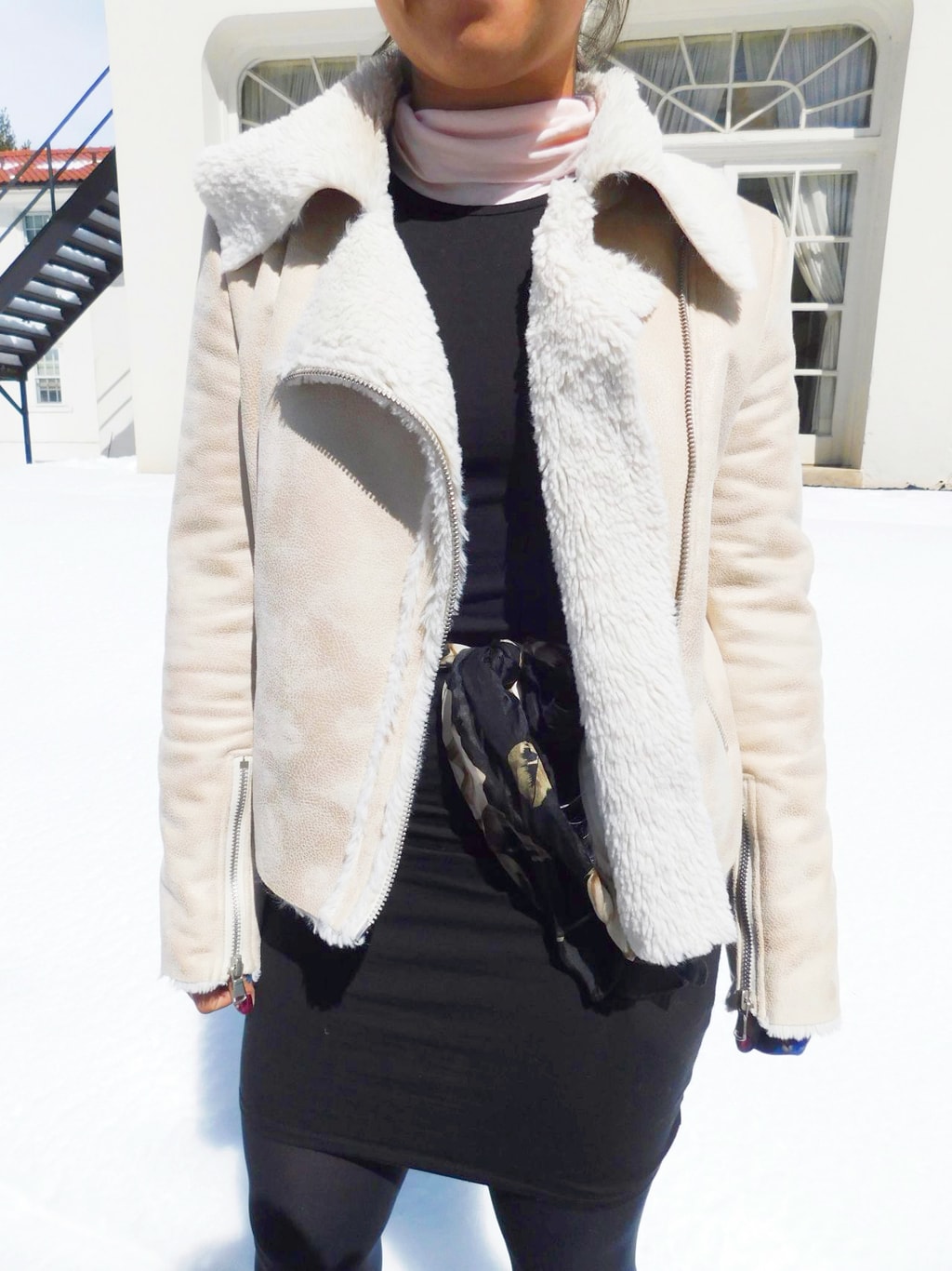 This Forever 21 shearling-lined cream motorcycle coat keeps Vanessa warm.