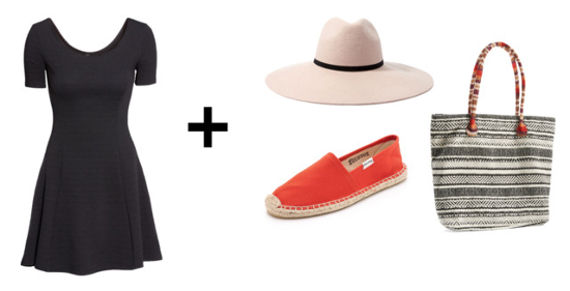 black dress, espadrille flats, tote, hat