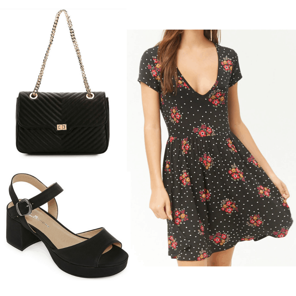 Black floral skater dress with black handbag and chunky black sandals