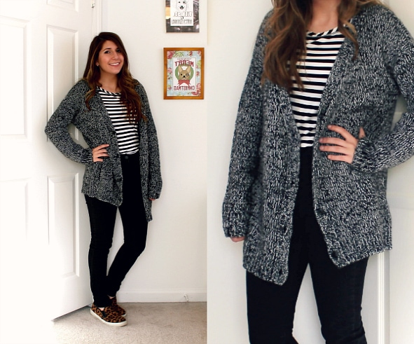  Black-Gray-Cardigan-Black-White-Striped-Shirt-High-Waisted-Jeans-Animal-Print-Slip-ons