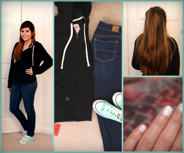 Black-Hoodie-White-Strings-Dark-Jeans-Mint-Converse-Half-Up-Half-Down-Hair-White-Nails-Ariana-Grande-One-Last-Time