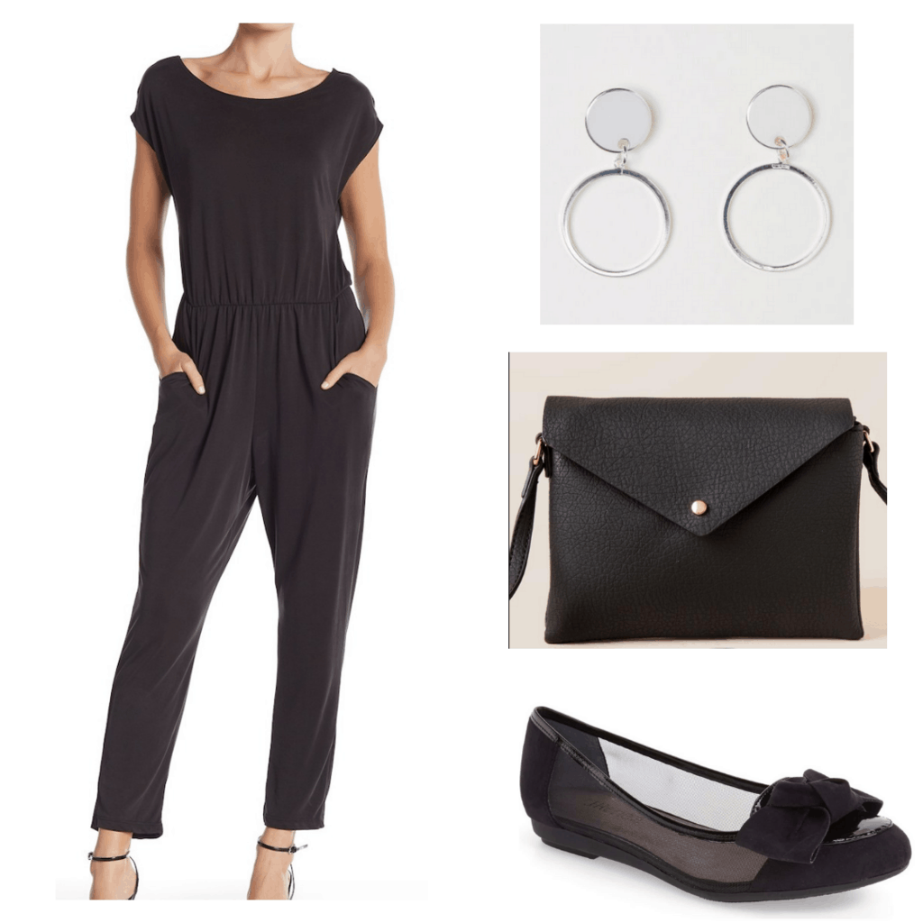 Black jumpsuit with silver hoop earrings, black bag, and black flats