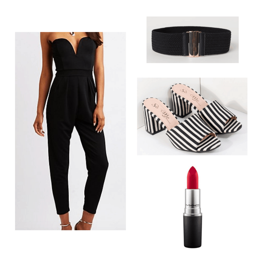 black strapless jumpsuit with black and white striped mules, black belt with gold buckle, and red lipstick