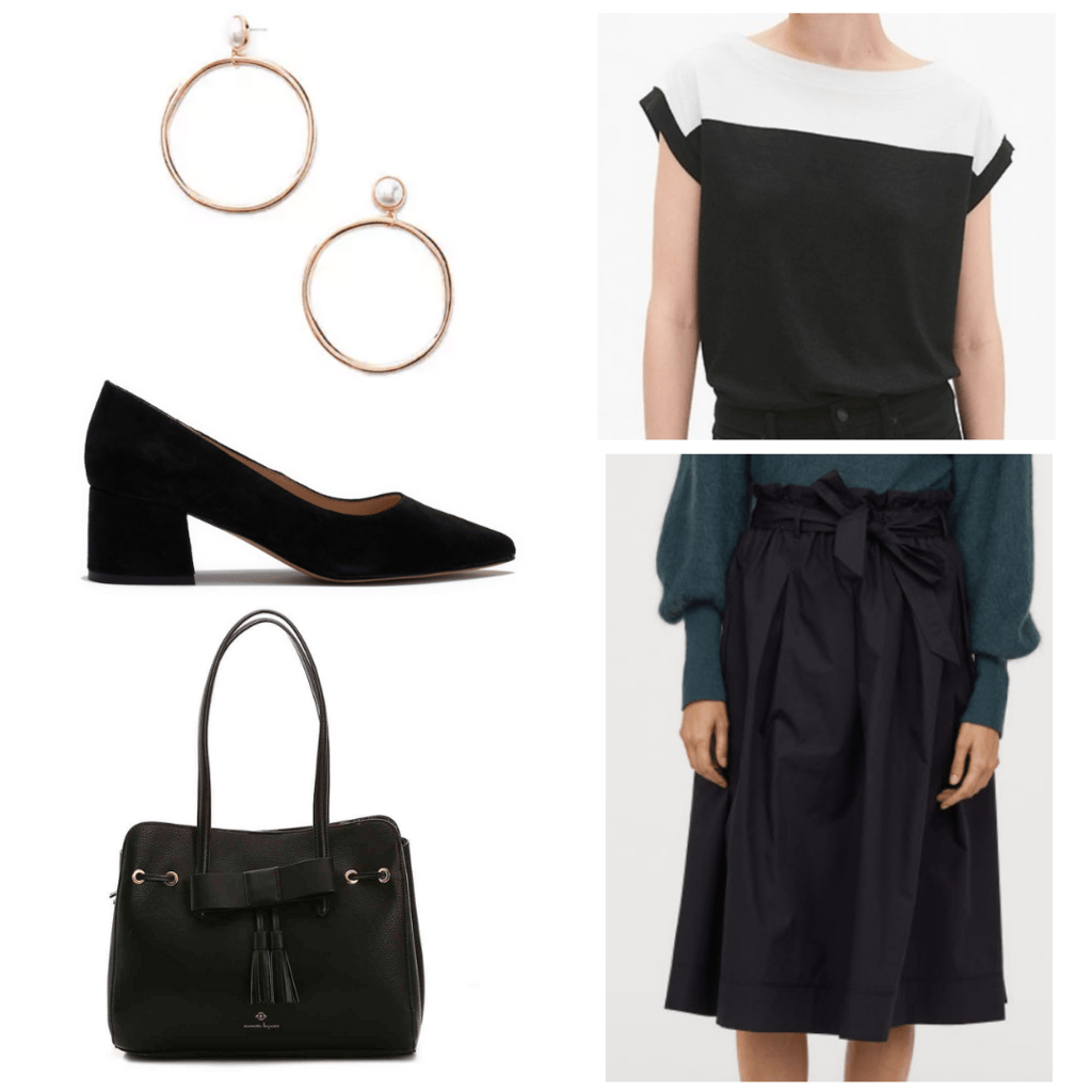 Black and white boatneck blouse with black belted skirt, black block heel, pearl hoop earrings, and black handbag