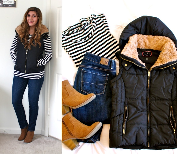 Black-Puffy-Vest-Fur-Collar-Hood-Striped-Shirt-Blue-Jeans-Camel-Booties-OOTD