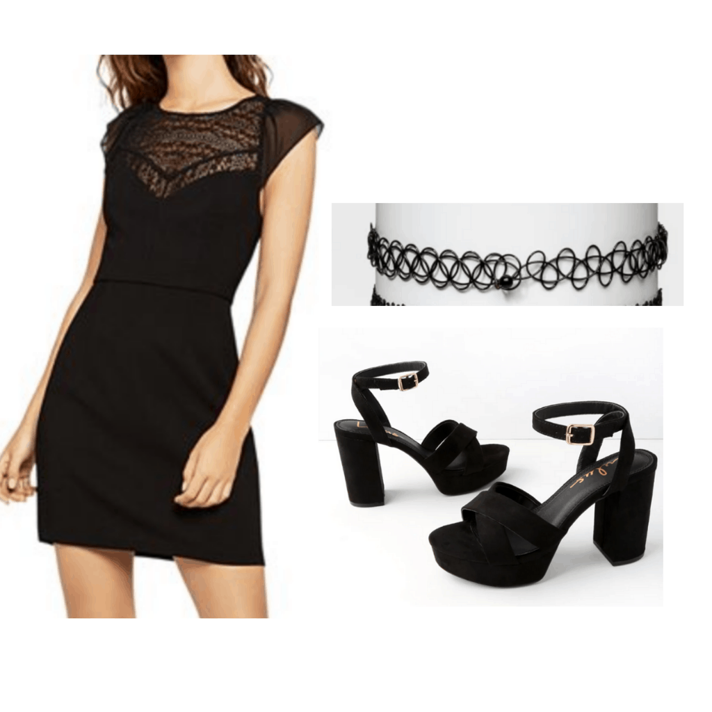 Black mini dress with see-through trim, black wire choker, and chunky black heels