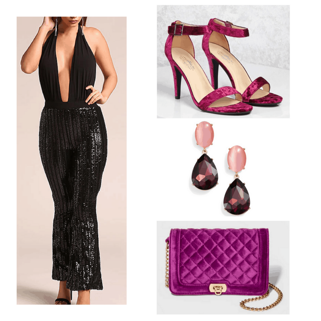 Black sequins jumpsuit with pink crushed velvet heels and bag, and pink gem earrings