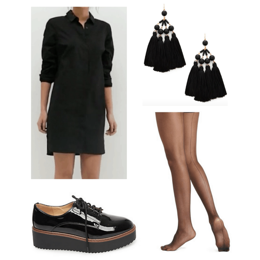 Black shirt dress with black chandelier earrings, seamed sheer blak tights, and black platform shoes