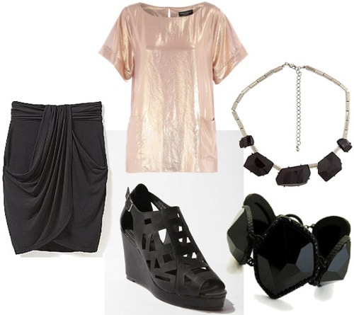 How to wear a black draped skirt with a metallic top
