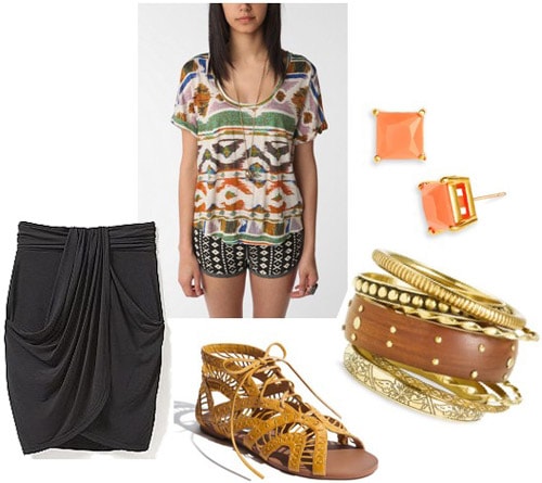 How to wear a black skirt with a tribal shirt and sandals