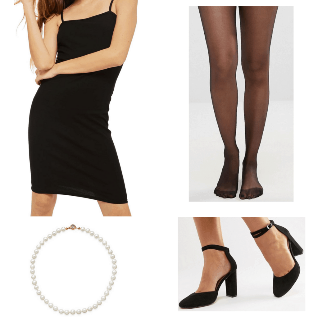 black slip dress with pearl strand, black tights, and chunky black heels