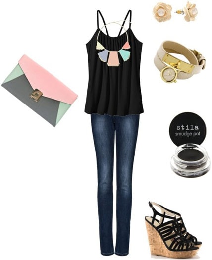 How to accessorize a black tank and jeans for a night out with a colorblock handbag, statement necklace, watch, and wedges