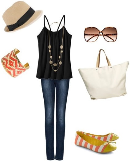 How to accessorize a black tank and jeans for daytime with a long necklace, striped accessories, a white tote bag, sunglasses and a fedora