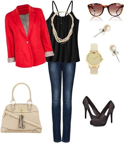How to accessorize a black tank and jeans for work with simple pumps, a structured handbag, menswear inspired watch and optional red blazer