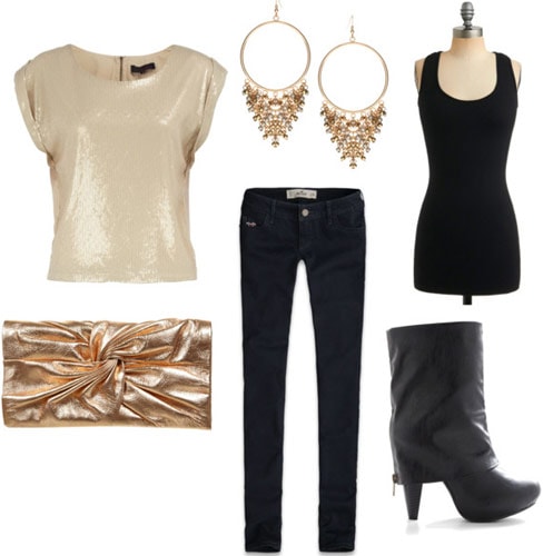 How to wear a basic black tank top for a night out with a metallic tee, dark wash skinnies, a gold clutch, earrings and statement boots