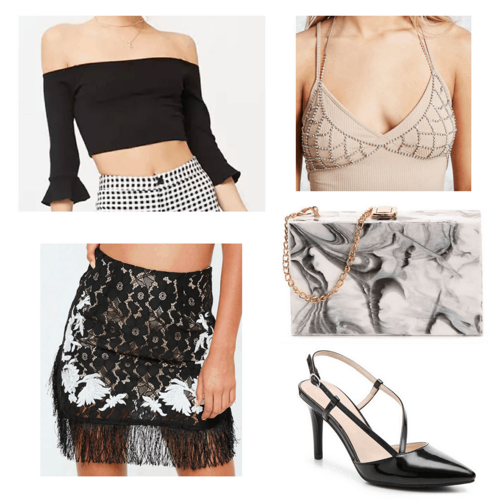 Black and white tassel skirt with black off-the-shoulder top, chain bralette, marble handbag and black heels