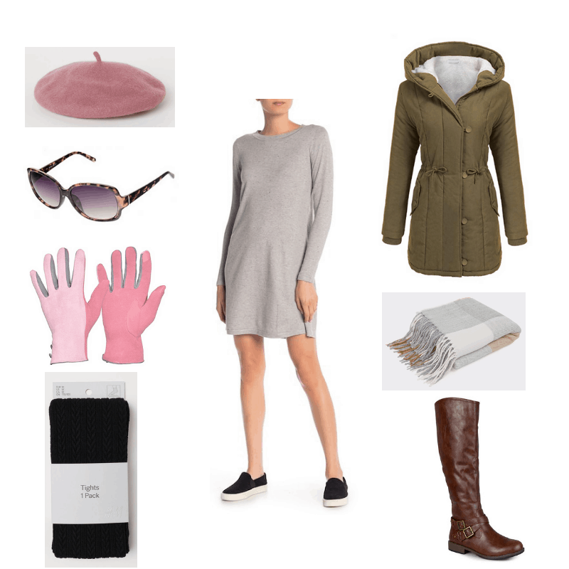 Winter outfit with sweater dress, textured tights, green coat, boots, pink beret, sunglasses, plaid scarf, and pink gloves