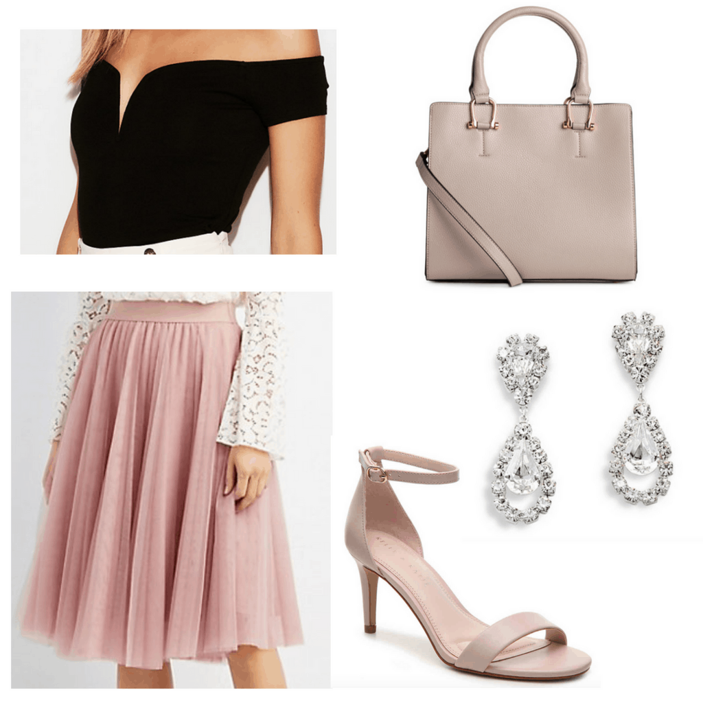 Black sweetheart top with pink tulle skirt, nude-pink bag and heels, and tear drop rhinestone earrings.