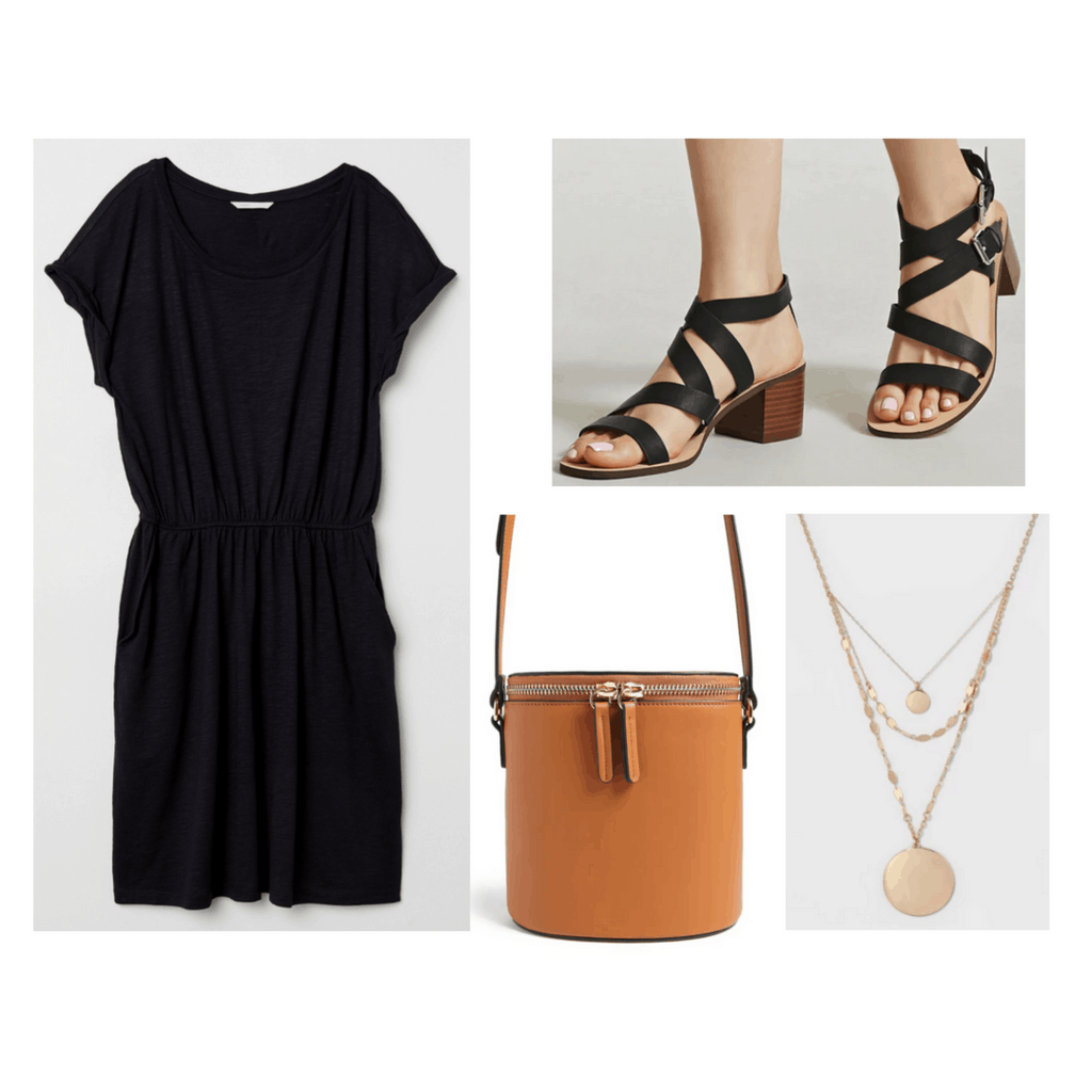 jane birkin style - Black t-shirt dress with black sandal heels, basket bag, and layered gold necklaces