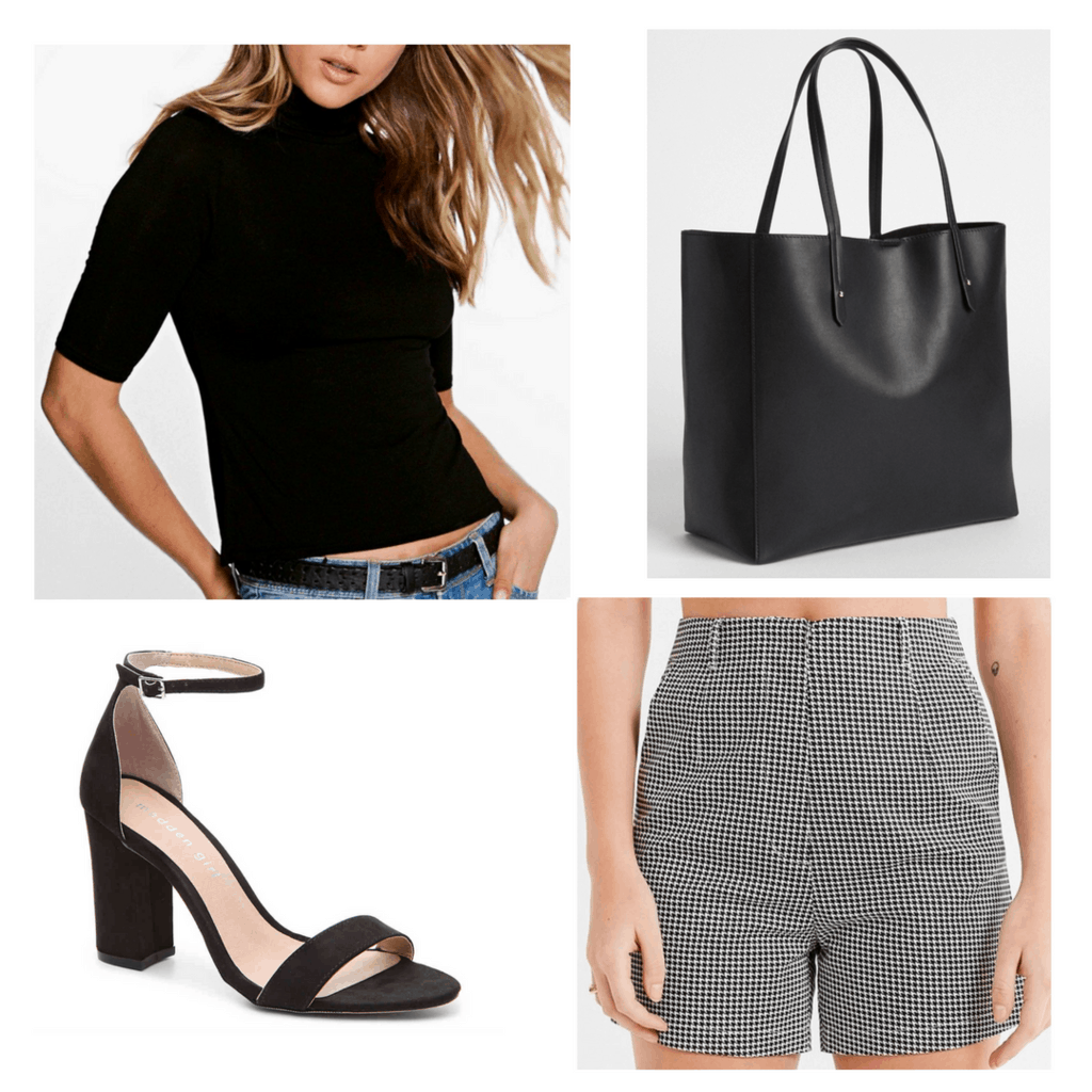 Black cropped turtle neck with blag tote, block heels, and houndstooth high waisted shorts