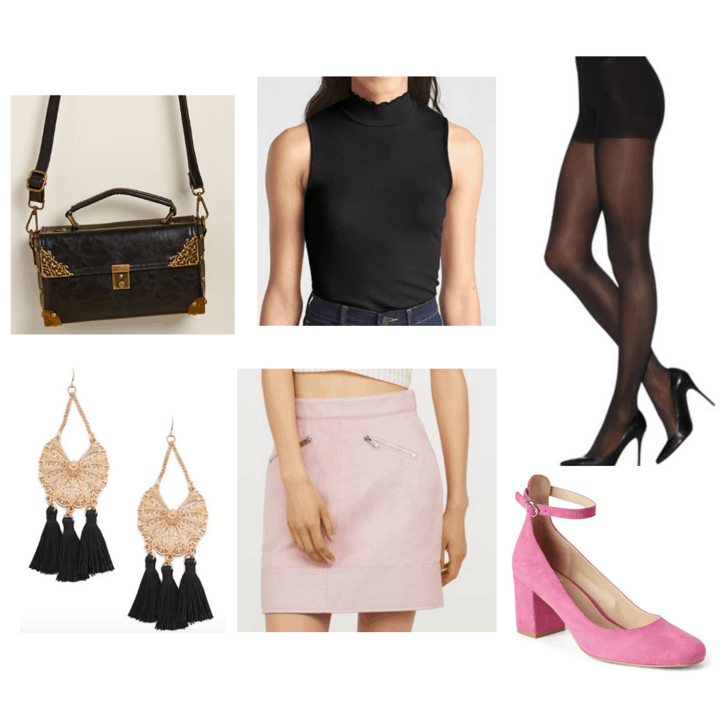 Black sleeveless turtle neck with pink mini skirt, sheer black tights, chandelier earrings, pink block heels, box handbag.