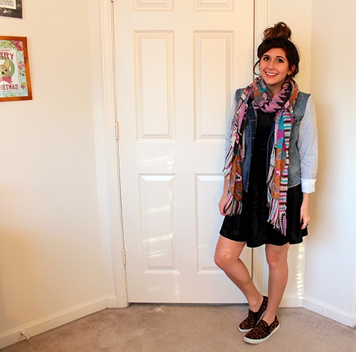 Black-Velvet-Dress-Animal-Print-Slipons-Denim-Jacket-Tribal-Pastel-Scarf-Messy-Top-Knot