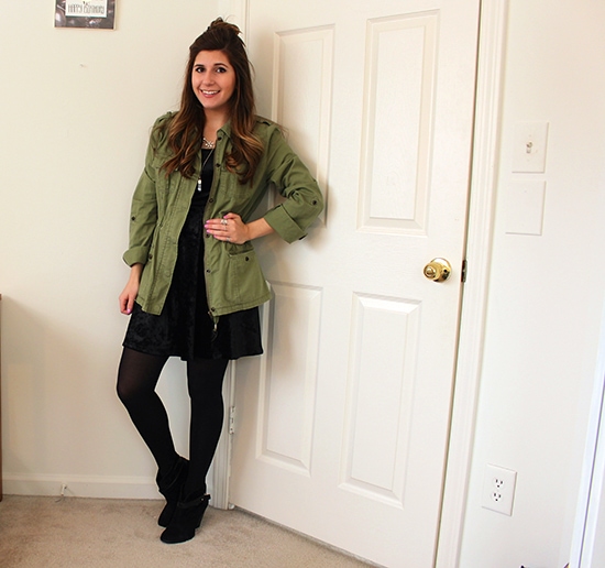 Black-Velvet-Dress-Green-Utility-Jacket-Half-Top-Knot-Black-Ankle-Boots-Layered-Necklace